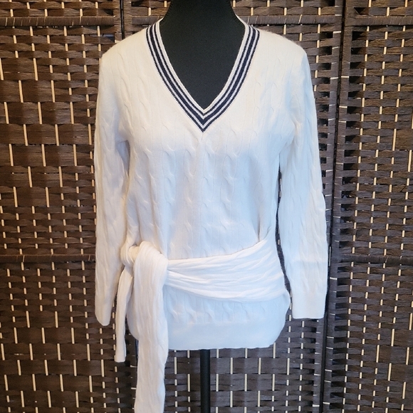 Sandro White V-Neck Sweater with Black Trim - Picture 5 of 9